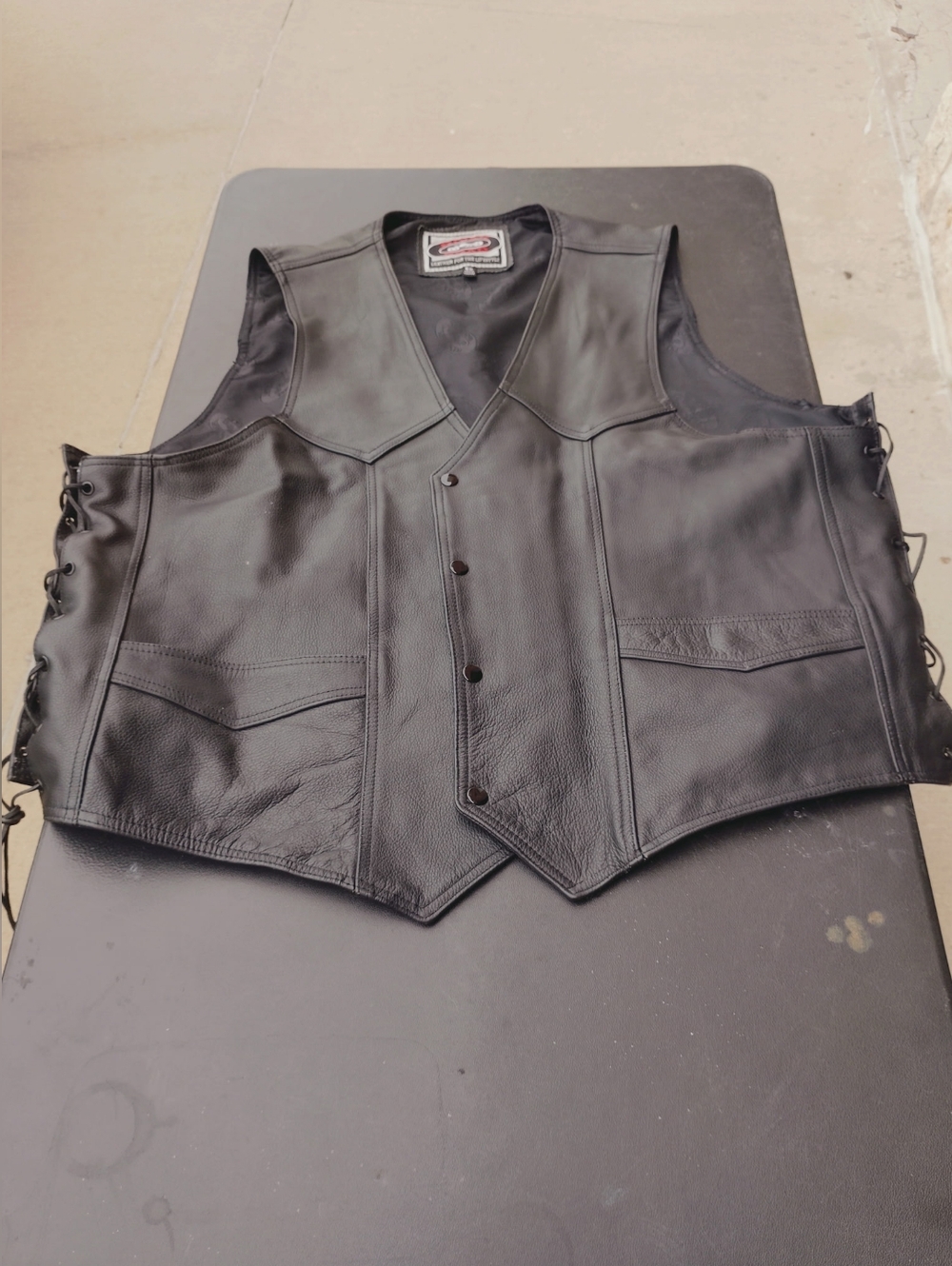 Men's Black Leather Biker Vest with Side Lace Adjustments